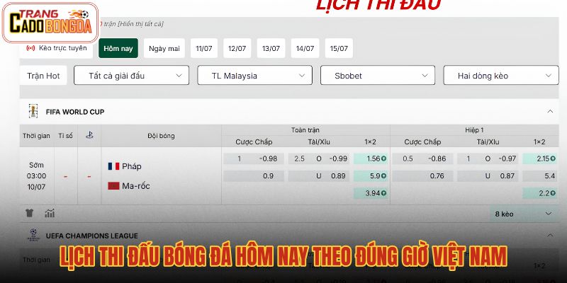 Lịch thi đấu hôm nay theo giờ Việt Nam rõ ràng, chính xác
